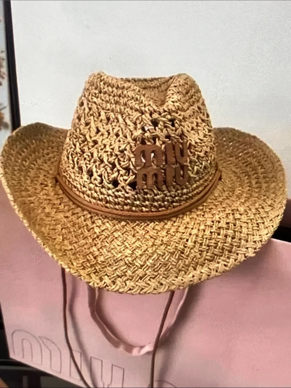 Miu Miu Tan Braided Straw Cowboy Hat with Logo Plaque